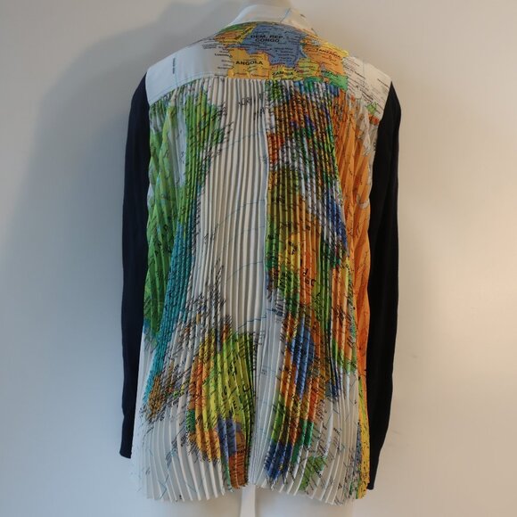 Women Sacai Navy Multicolor World Map Mixed Media Knit V-Neck Cardigan Sweater L - Picture 5 of 11